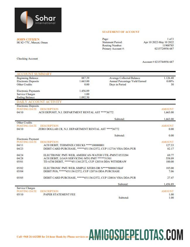 Oman Sohar International extrato bancário amostra